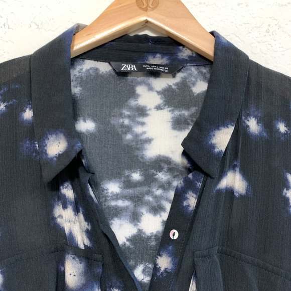 Zara Tunic Womens L Button Down Crinkle Tie-Dye Long Sleeve Pockets Loose Fit - Picture 3 of 13